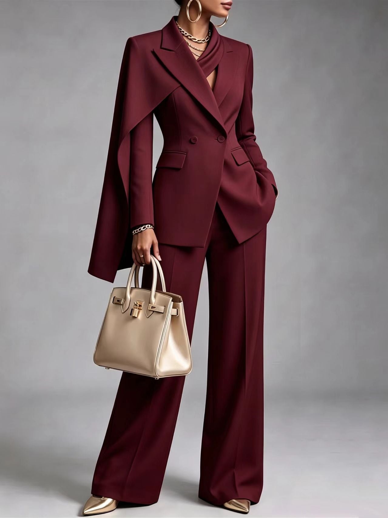 🤲LAST DAY SAVE 49% ⏰Women’s Chic 2-Piece Suit Set – Asymmetric Cape Blazer & Wide-Leg Pants