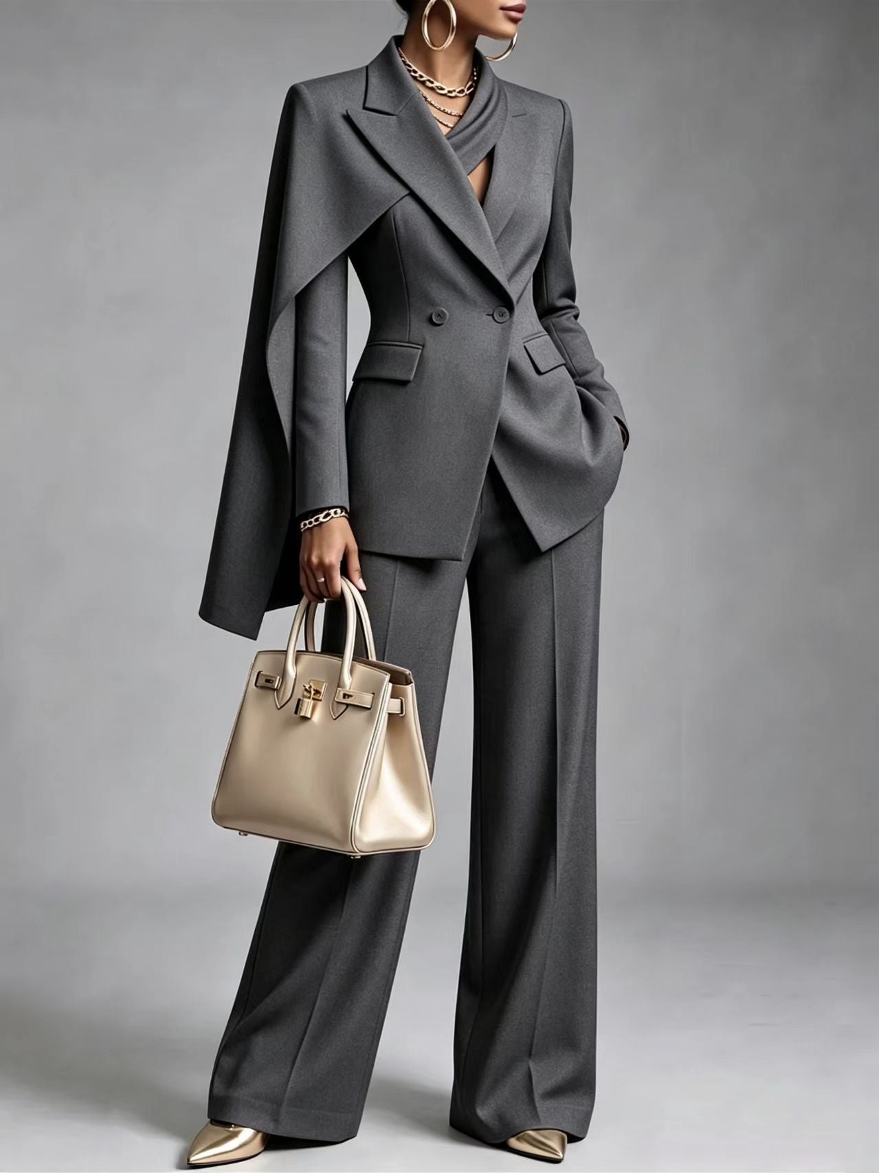 🤲LAST DAY SAVE 49% ⏰Women’s Chic 2-Piece Suit Set – Asymmetric Cape Blazer & Wide-Leg Pants