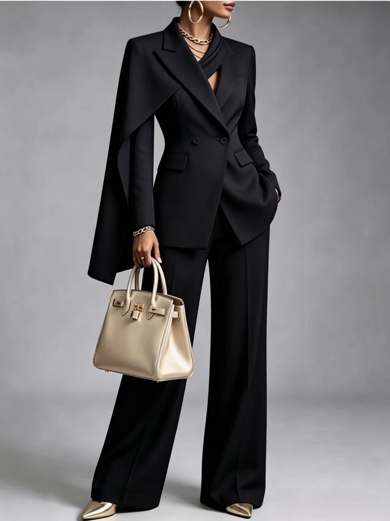 🤲LAST DAY SAVE 49% ⏰Women’s Chic 2-Piece Suit Set – Asymmetric Cape Blazer & Wide-Leg Pants