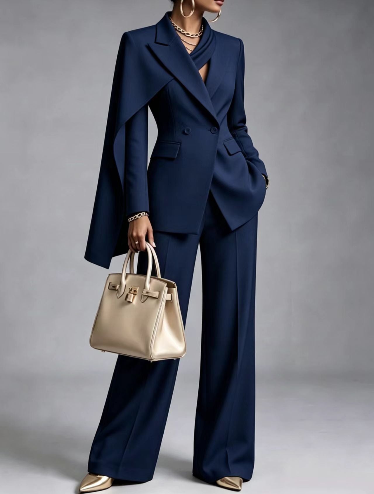 🤲LAST DAY SAVE 49% ⏰Women’s Chic 2-Piece Suit Set – Asymmetric Cape Blazer & Wide-Leg Pants