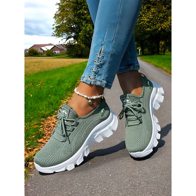 Women's Khaki Breathable Walking Shoes - Lightweight Lace-Up Comfort Sneakers For Travel and Daily Wear
