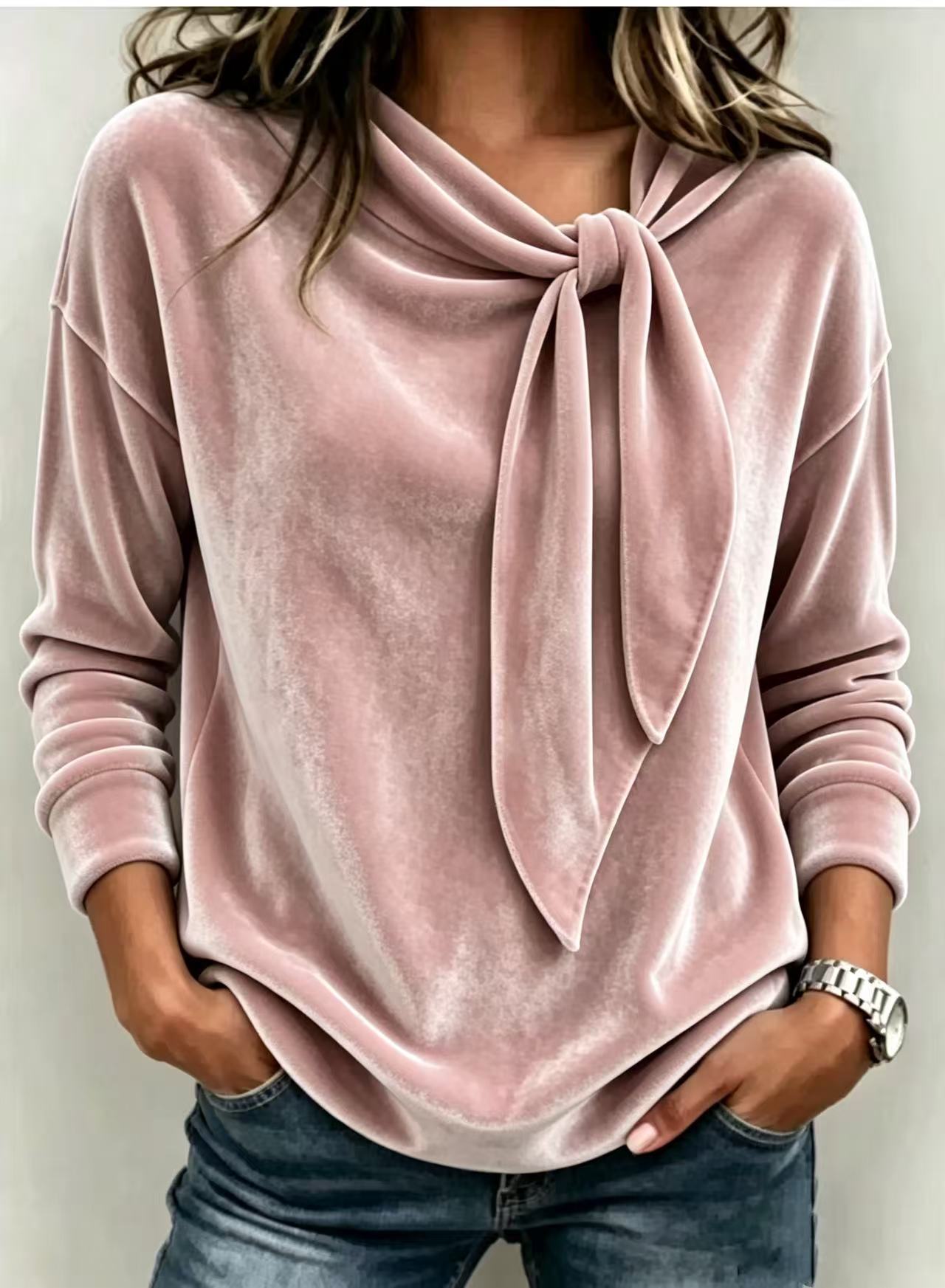 Damen-Langarmbluse aus Samt mit Schleifendetail – Weiche, elegante Bluse