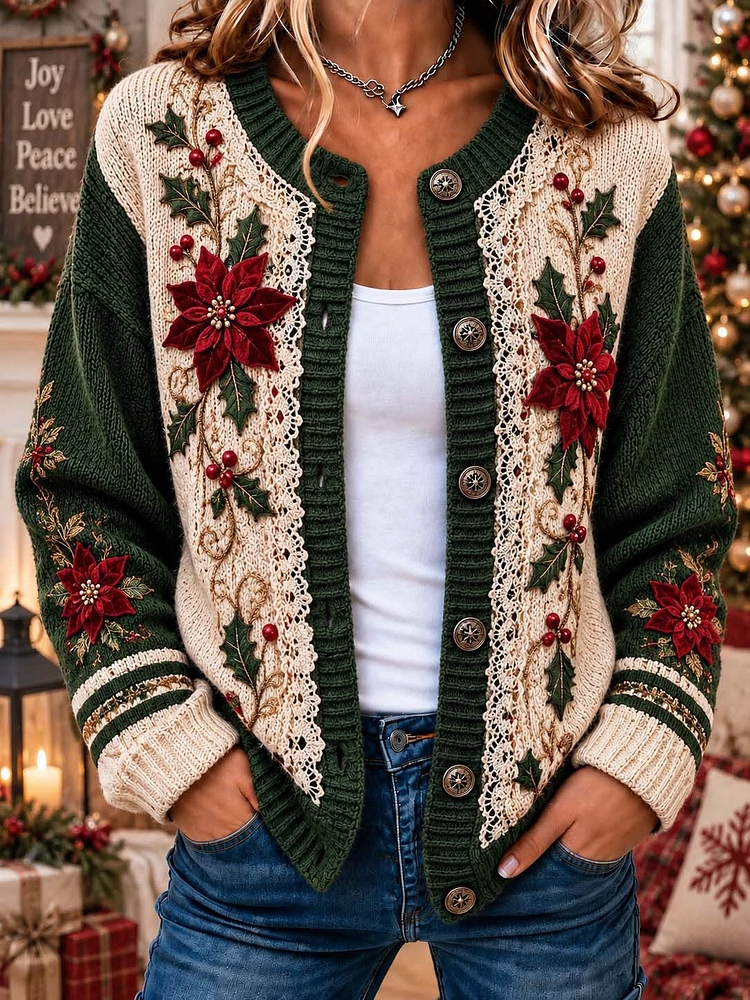 Women's Christmas Animal Retro Art Print Knitted Casual Sweater