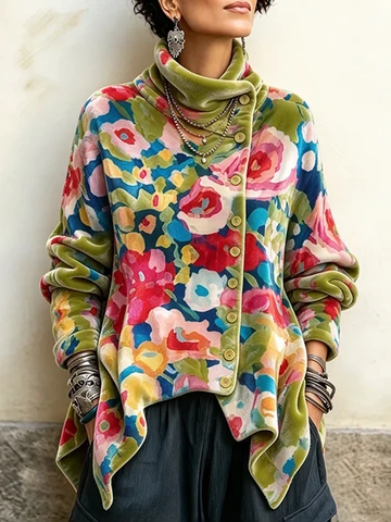 🤲LAST DAY SAVE 49% 🐆Purple Velvet Floral Rose Top – Asymmetrical Button & Cowl Neck