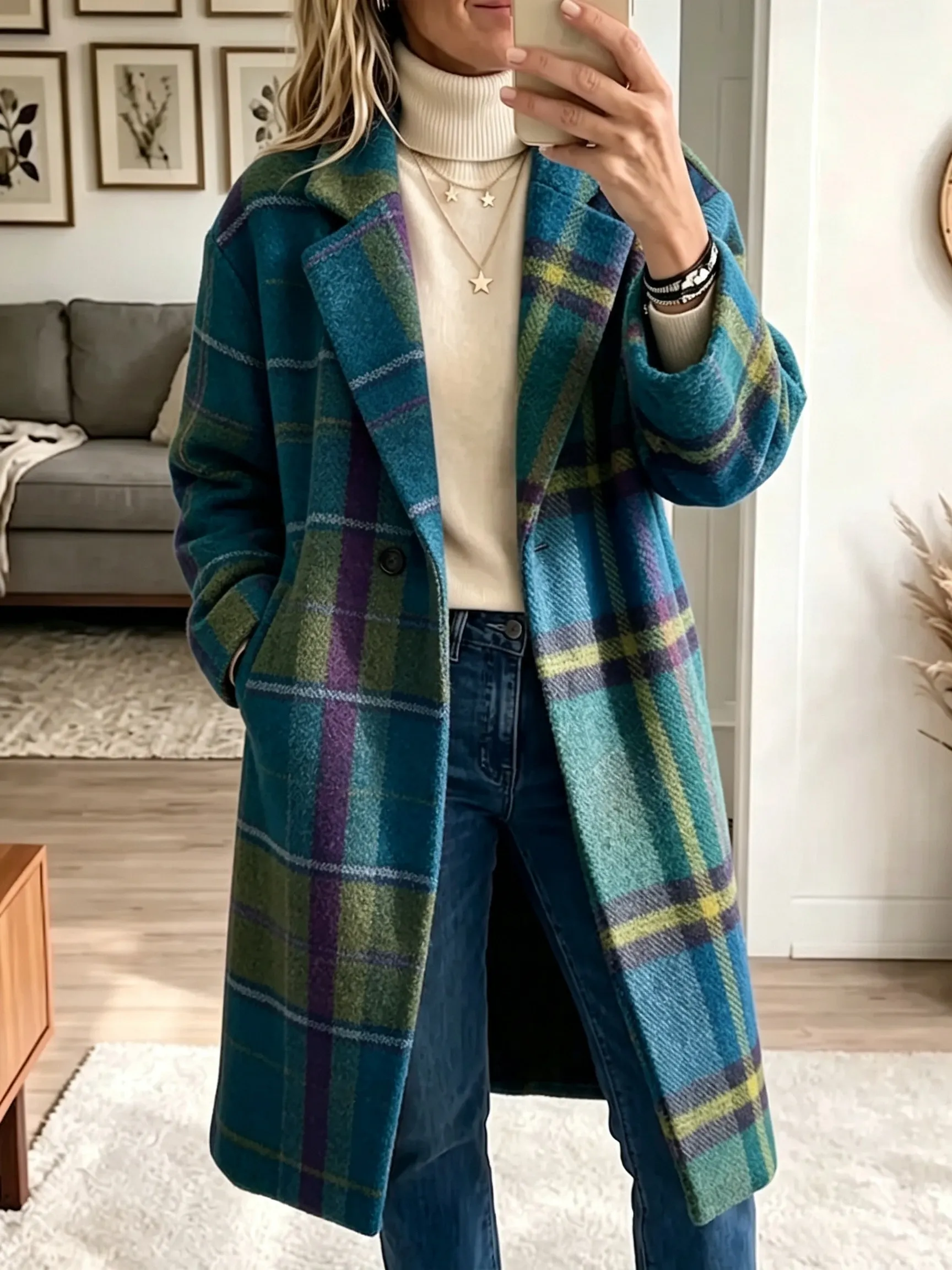 Langer Mantel aus Wollmischgewebe mit Boho-Regenbogenkaromuster