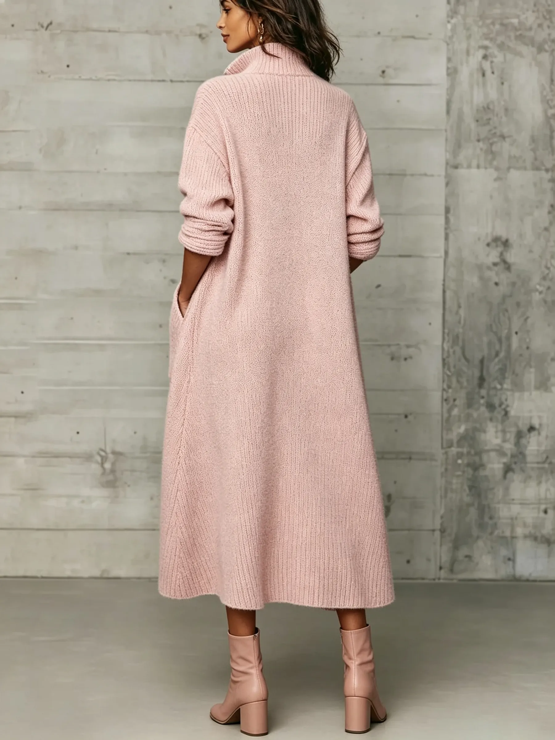 Damen-Maxikleid aus Strick mit Viertelreißverschluss und Taschen