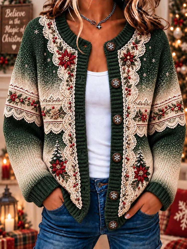 Women's Christmas Animal Retro Art Print Knitted Casual Sweater