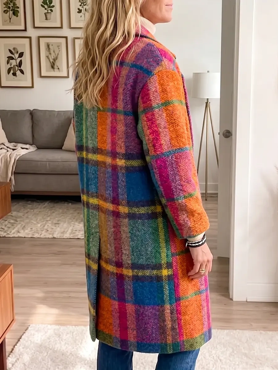 Langer Mantel aus Wollmischgewebe mit Boho-Regenbogenkaromuster