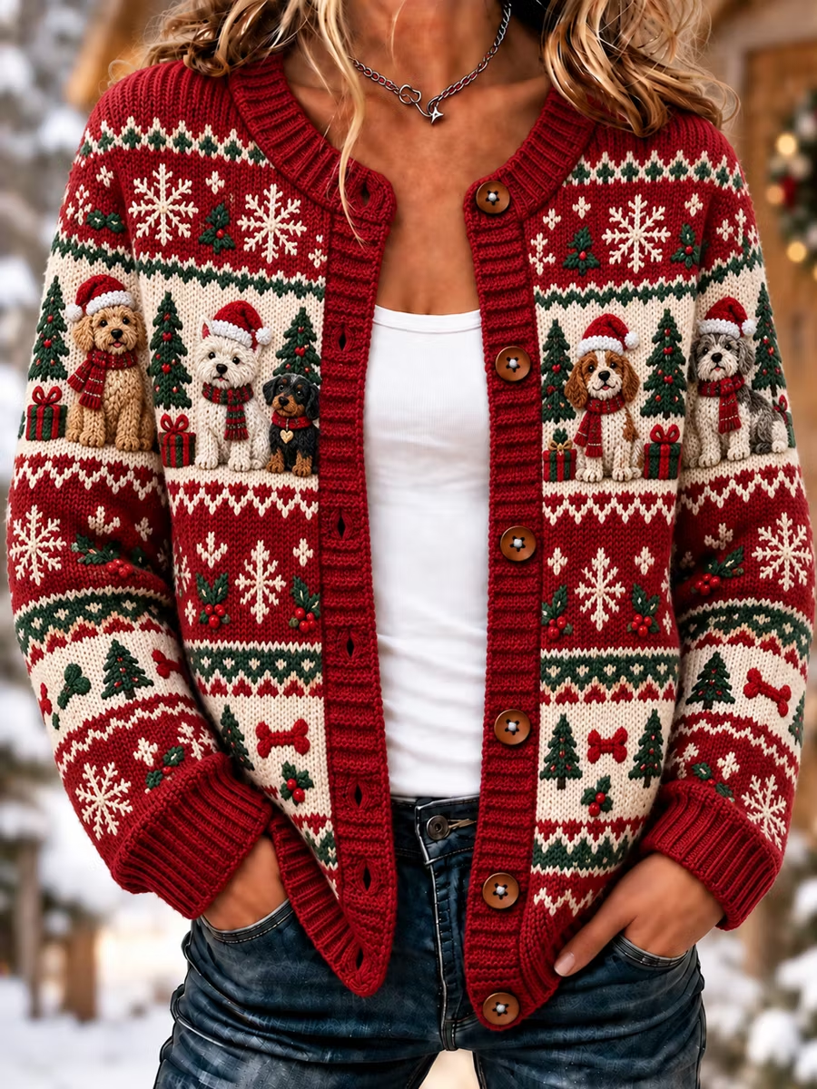 Women's Christmas Animal Retro Art Print Knitted Casual Sweater