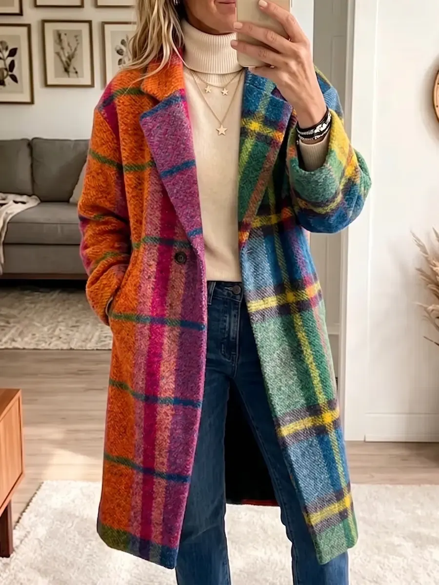 Langer Mantel aus Wollmischgewebe mit Boho-Regenbogenkaromuster
