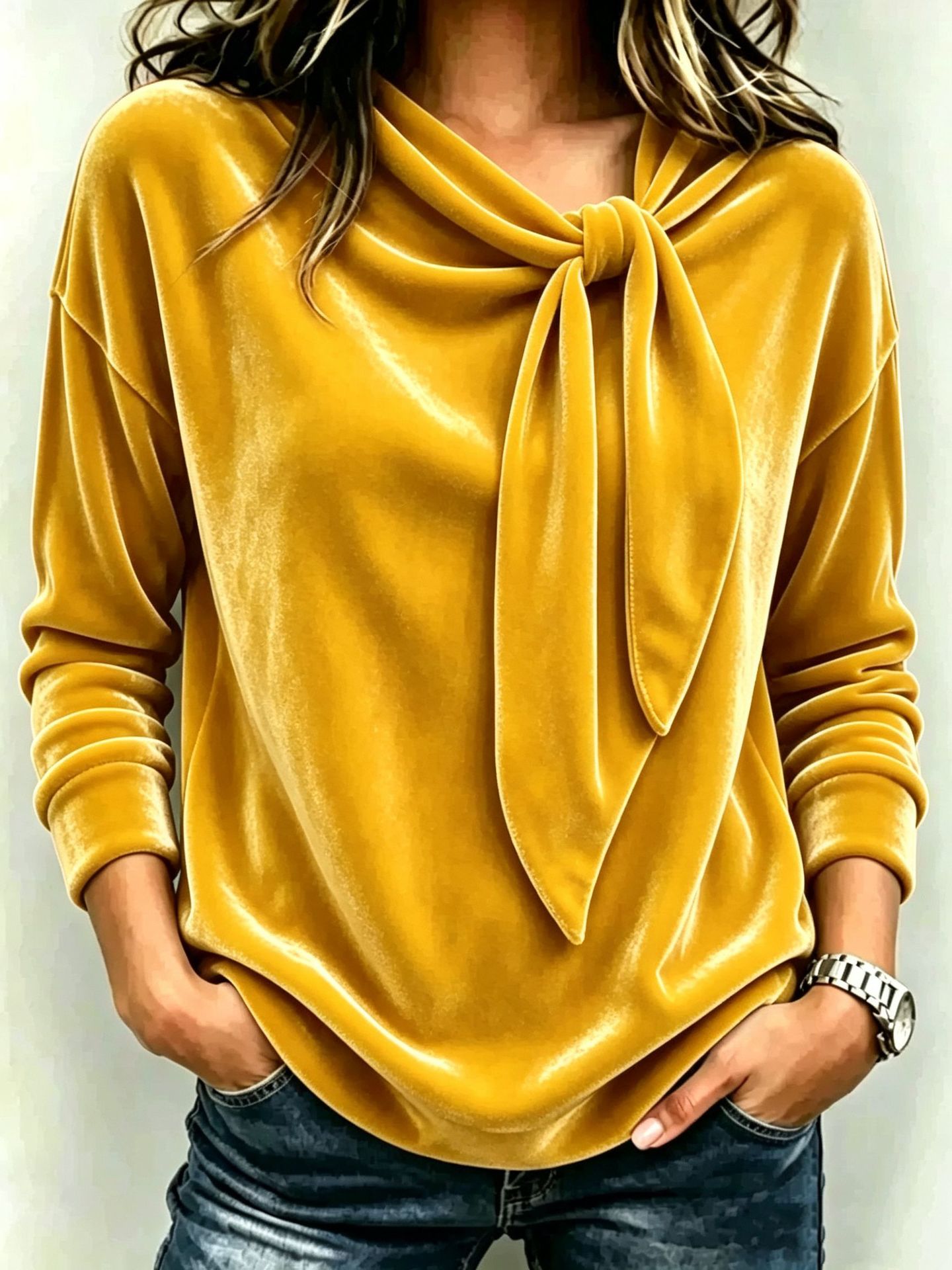 Damen-Langarmbluse aus Samt mit Schleifendetail – Weiche, elegante Bluse