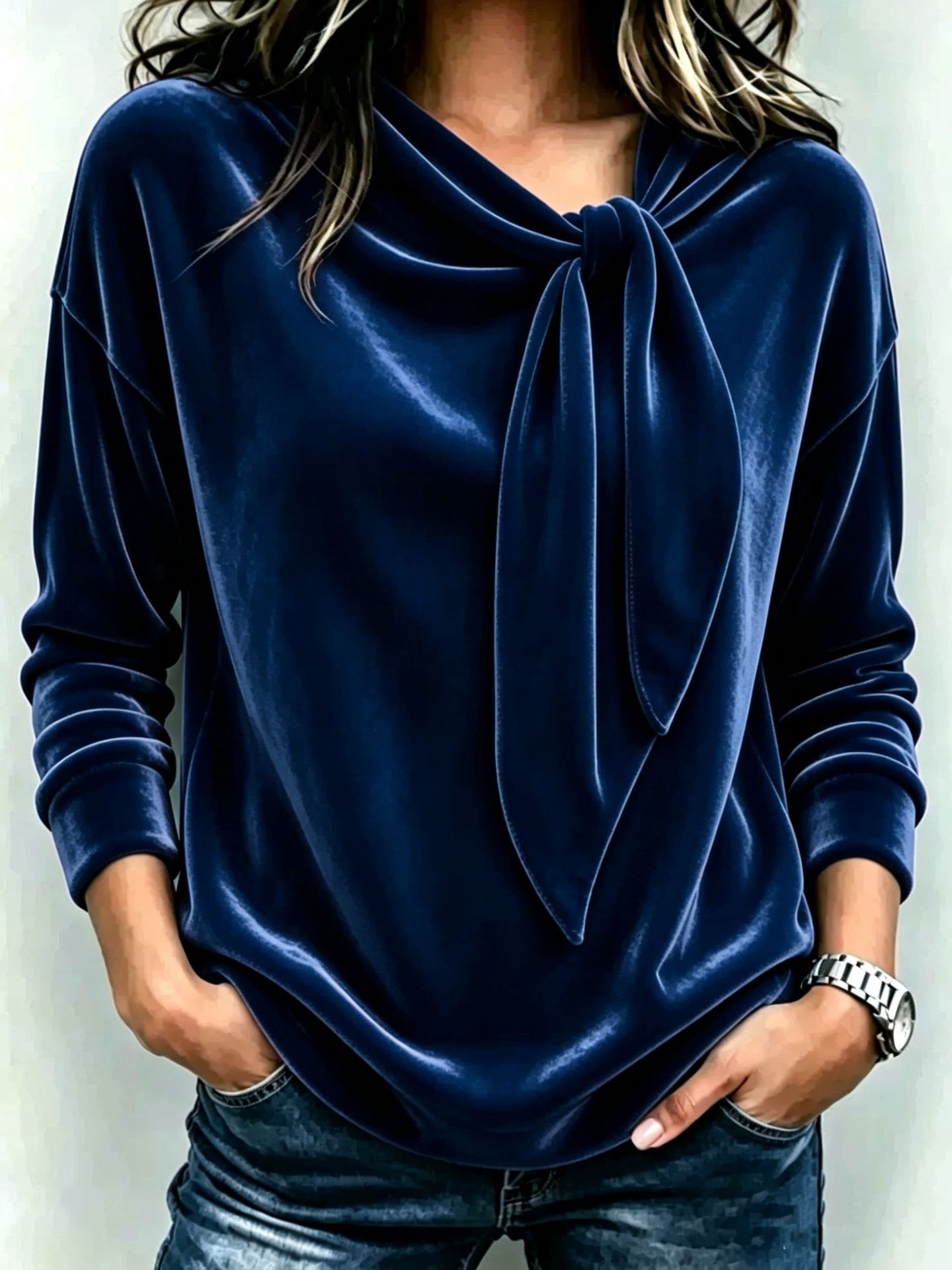Damen-Langarmbluse aus Samt mit Schleifendetail – Weiche, elegante Bluse