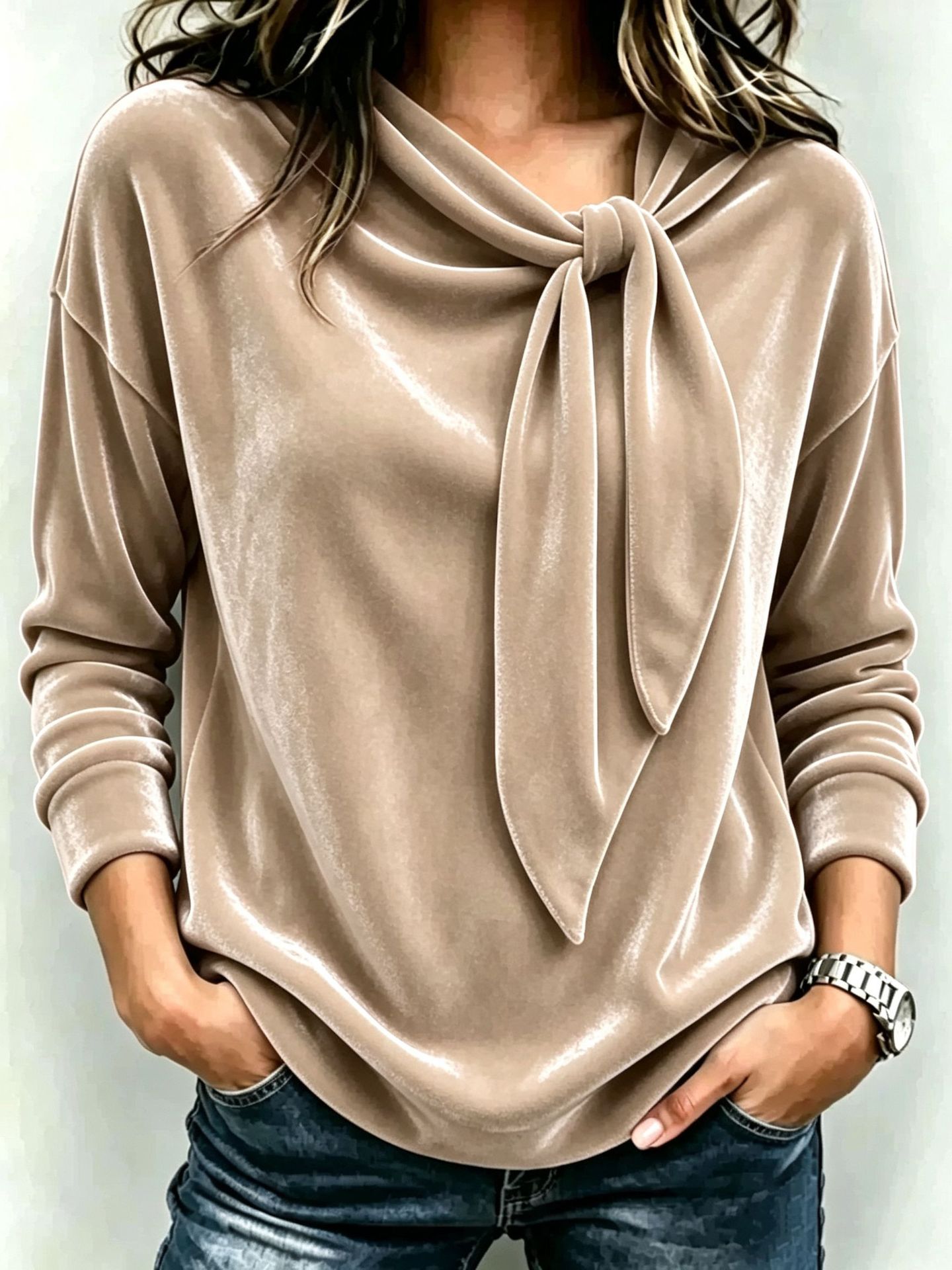 Damen-Langarmbluse aus Samt mit Schleifendetail – Weiche, elegante Bluse