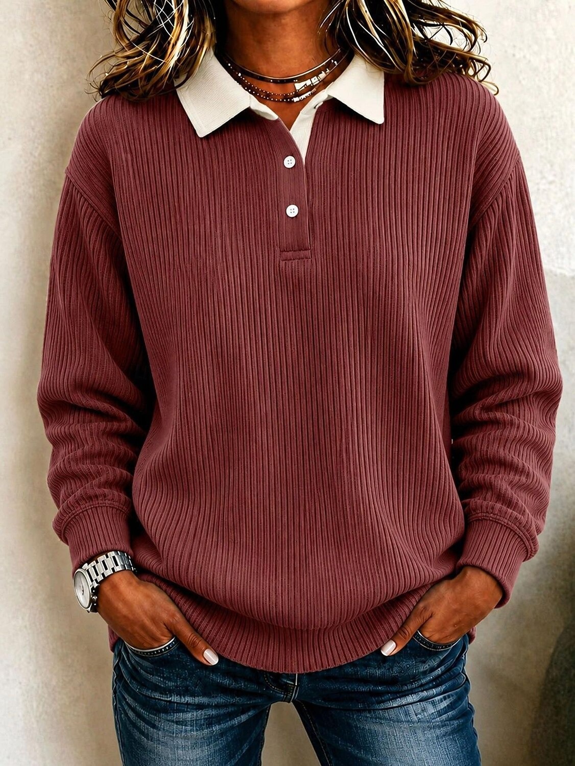 Damen-Polo-Sweatshirt aus Cord mit Patchwork-Muster – Lässiger Pullover mit Kontrastkragen und langen Ärmeln