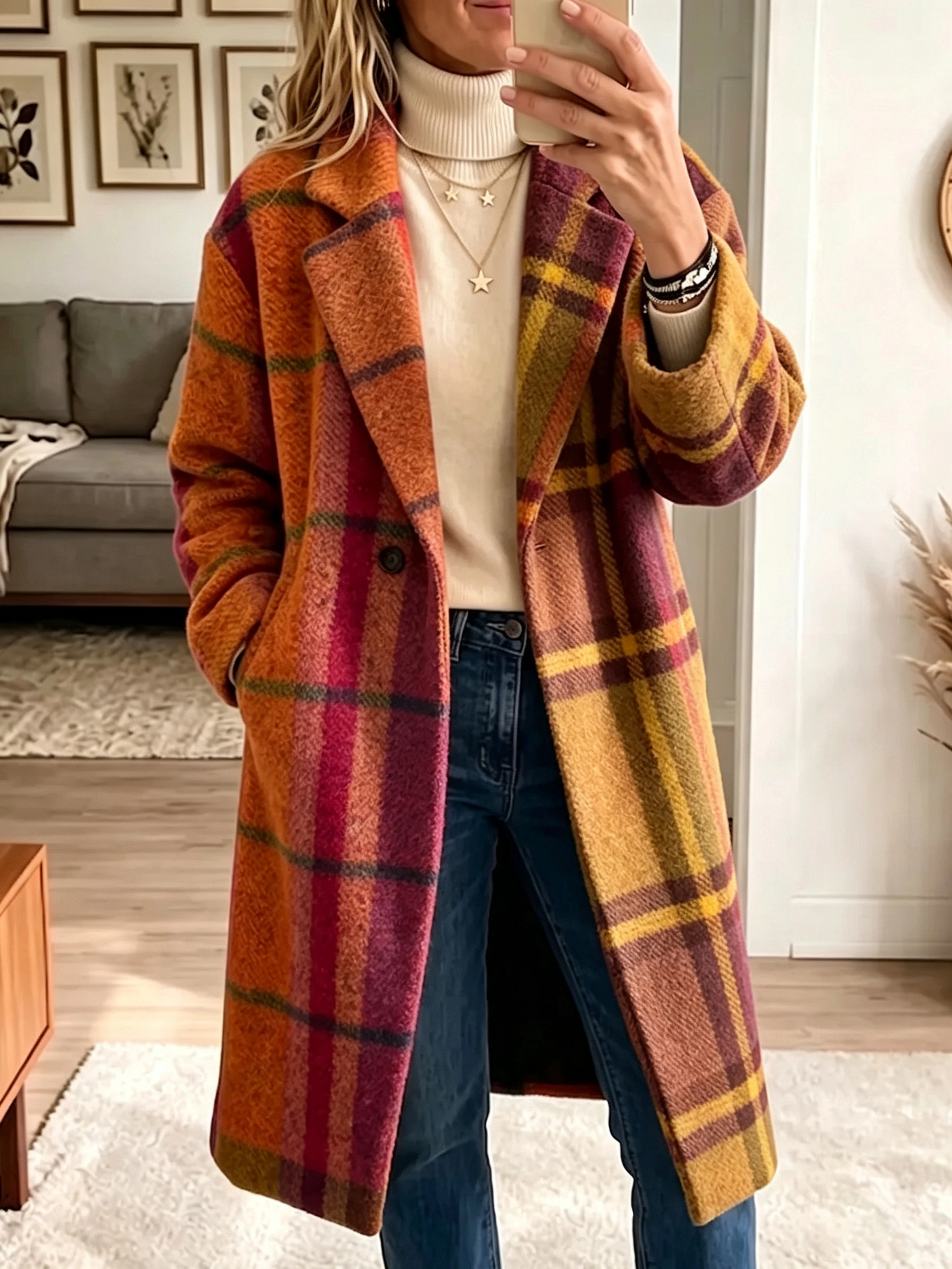 Langer Mantel aus Wollmischgewebe mit Boho-Regenbogenkaromuster