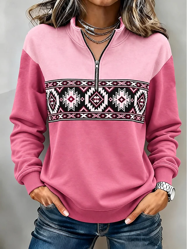 Women's Pullover Sweatshirt Zipper Floral Graphic Vintage Western Retro Long Sleeve High Neck Half Zip Regular Tops
