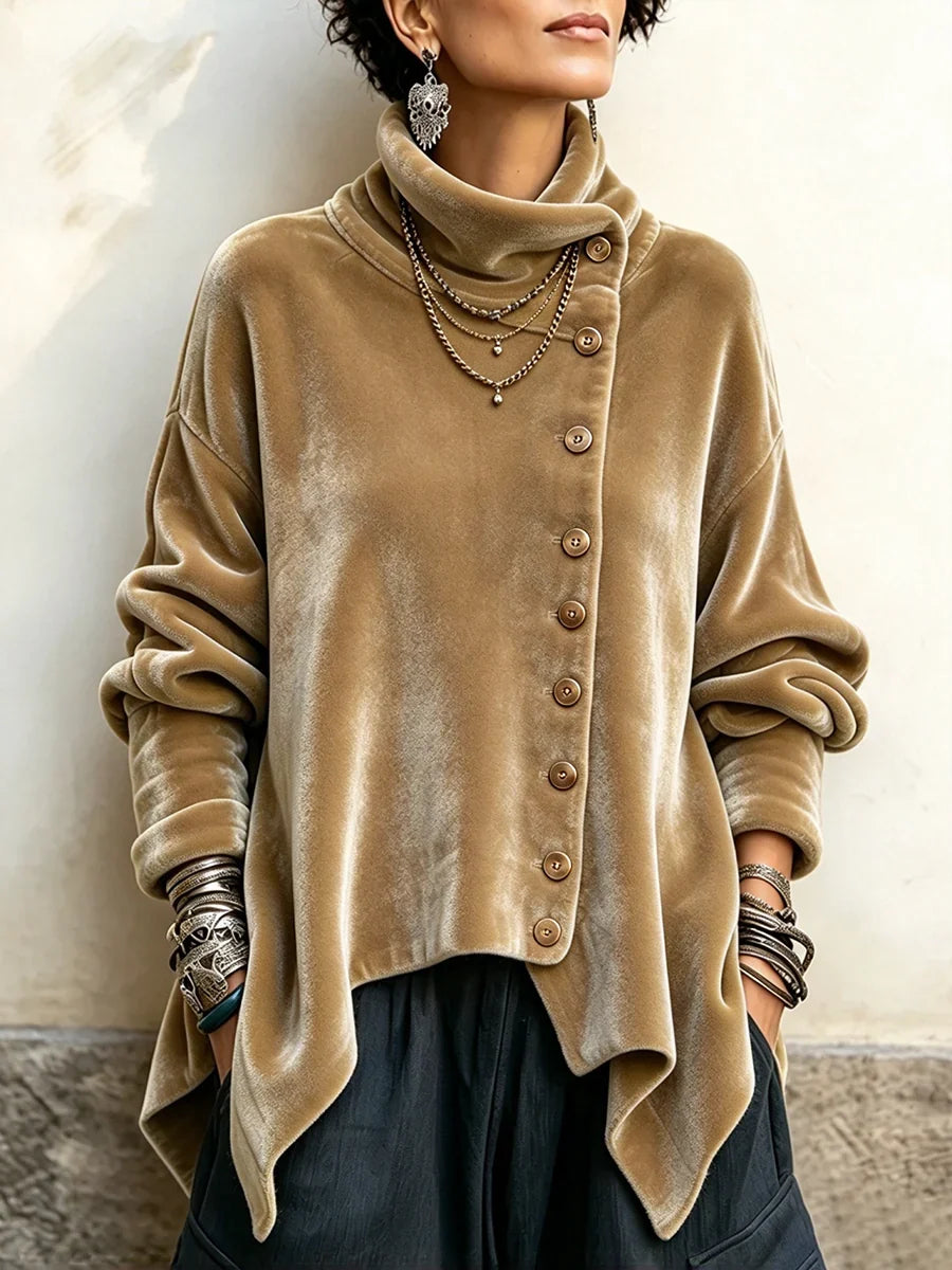🤲LAST DAY SAVE 49% 🐆Purple Velvet Floral Rose Top – Asymmetrical Button & Cowl Neck
