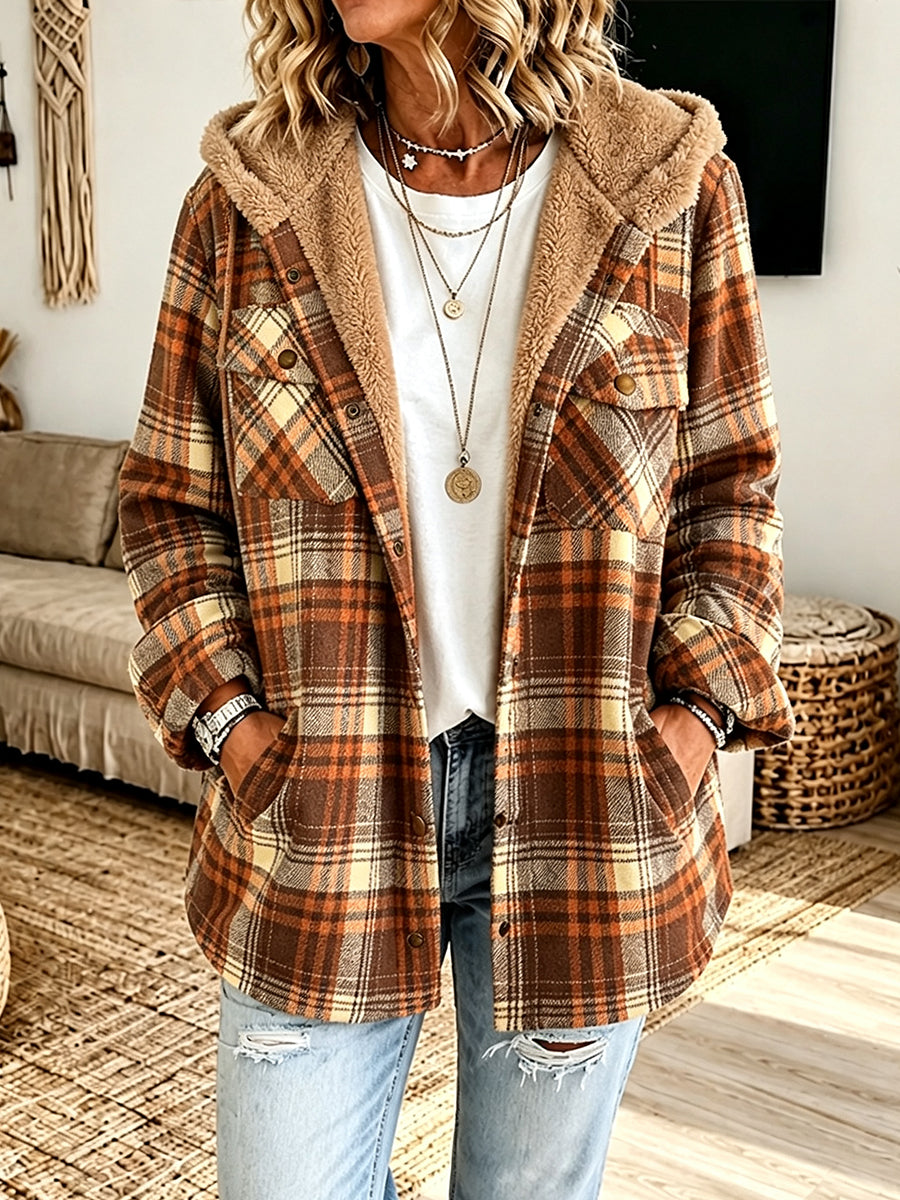 Last day 50% OFF🔥Casual Plaid Fleece Hooded Shacket