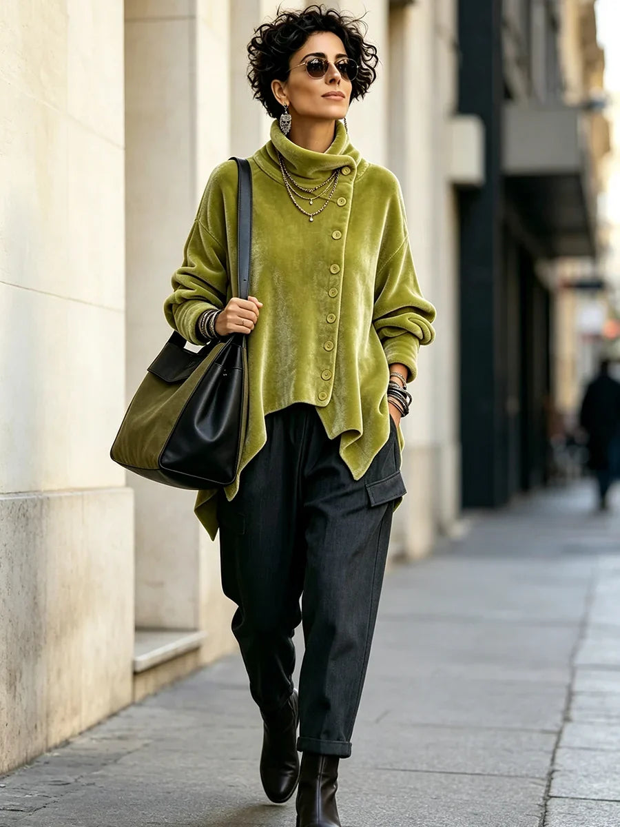 🤲LAST DAY SAVE 49% 🐆Purple Velvet Floral Rose Top – Asymmetrical Button & Cowl Neck