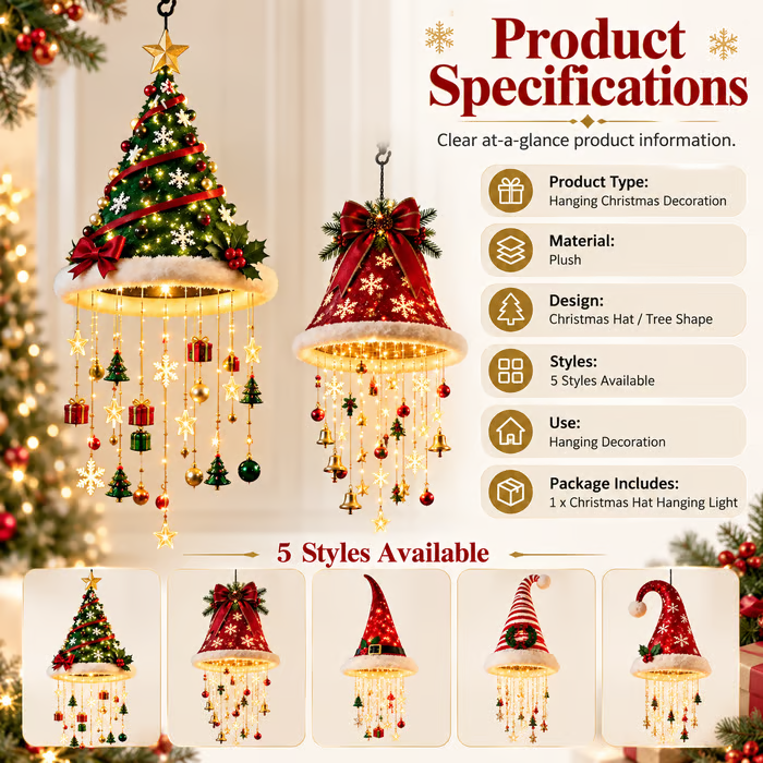 🎄 Christmas Hat Hanging Light with Light Effect