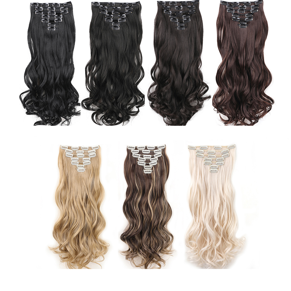 Wholesale & Custom 7PCS Wave Clip in Hair Extensions, Synthetic Wavy Clip-on Hair with Stainless Steel Snap Clips