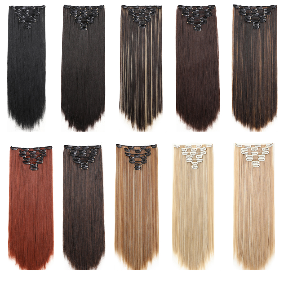 Wholesale & Custom 7PCS Straight Clip in Hair Extensions, Synthetic Straight Clip-on Hair with Stainless Steel Snap Clips