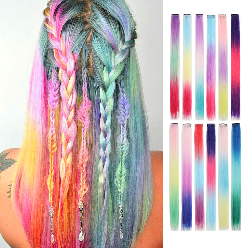 Wholesale & Custom 18 Inch Rainbow Gradient Clip in Hair Extensions, 1PCS Straight Synthetic Color Streaks with BB Clips