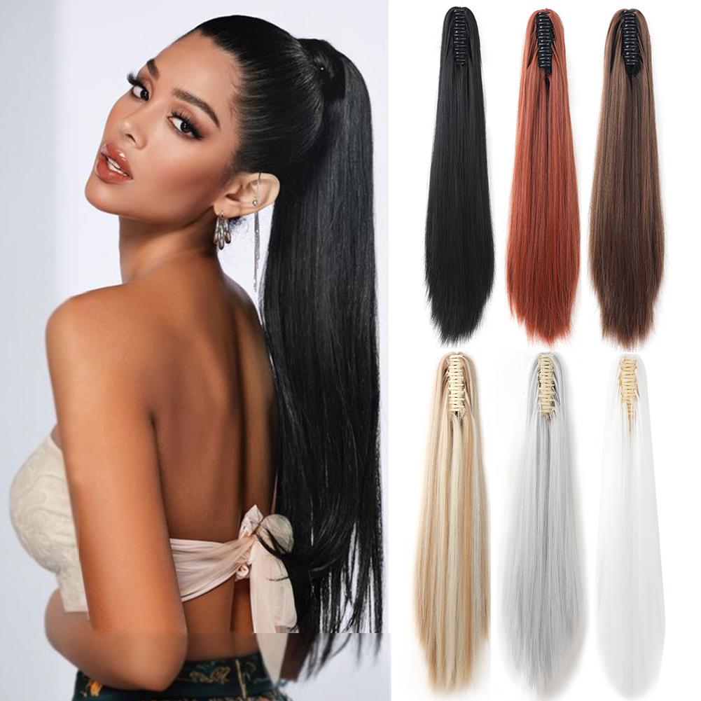 Wholesale & Custom 20 Inch Straight Claw Clip Ponytail, 16-Tooth Gripper Synthetic Long Ponytail Extension