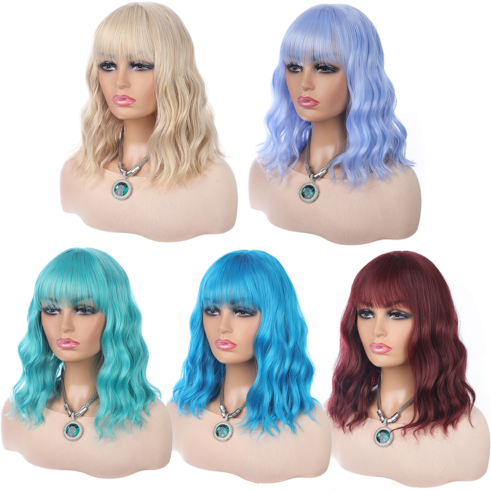 Wholesale & Custom 14 Inch Short Wavy Bob Wig with Bangs, Blonde Synthetic Curly Bob Wig with Adjustable Breathable Cap