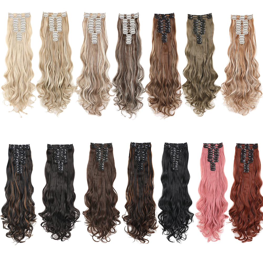 Wholesale & Custom 24 Inch Body Wave Clip in Hair Extensions, 12PCS Synthetic Wavy Hair Set with Stainless Steel Clips