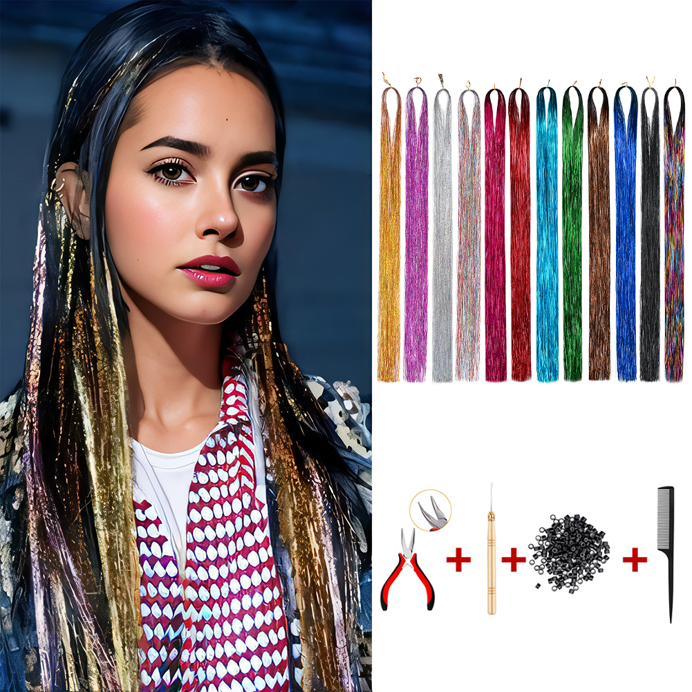 Wholesale & Custom 12-Color Hair Tinsel Kit, 24 Inch Shiny Glitter Hair Extensions with Installation Tools