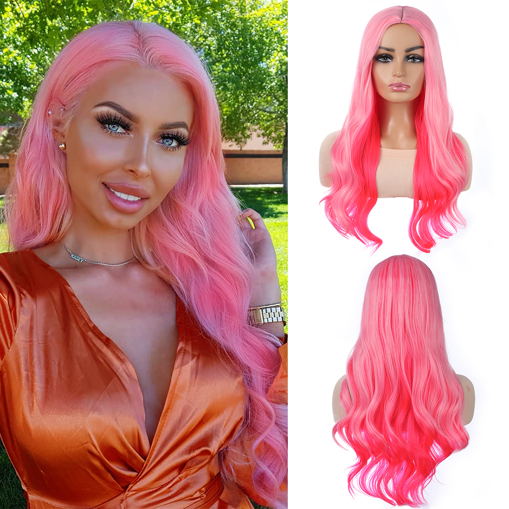 Wholesale & Custom 26 Inch Ombre Pink Wavy Wig, Synthetic Long Curly Wig with Realistic Parting & Adjustable Cap