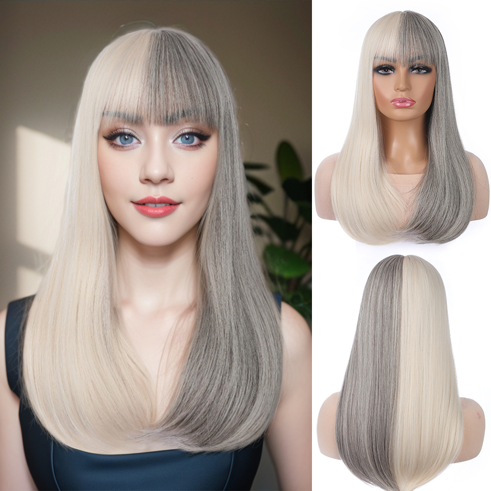 Wholesale & Custom 18 Inch Two-Tone Straight Wig with Bangs, Blonde & Grey Synthetic Long Straight Wig with Middle Part