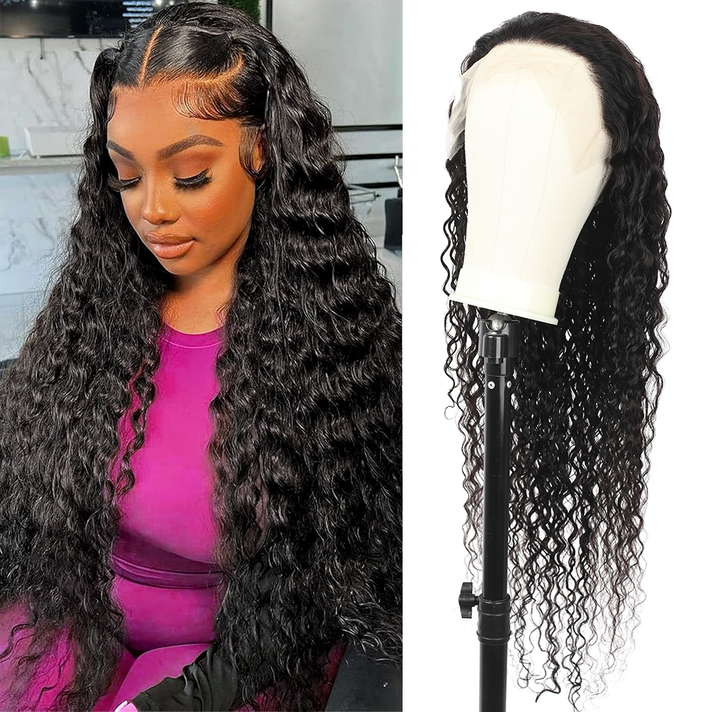 Wholesale & Custom 13×4 Lace Front Long Curly Wig 100% Human Hair Natural Black Deep Wave Wigs