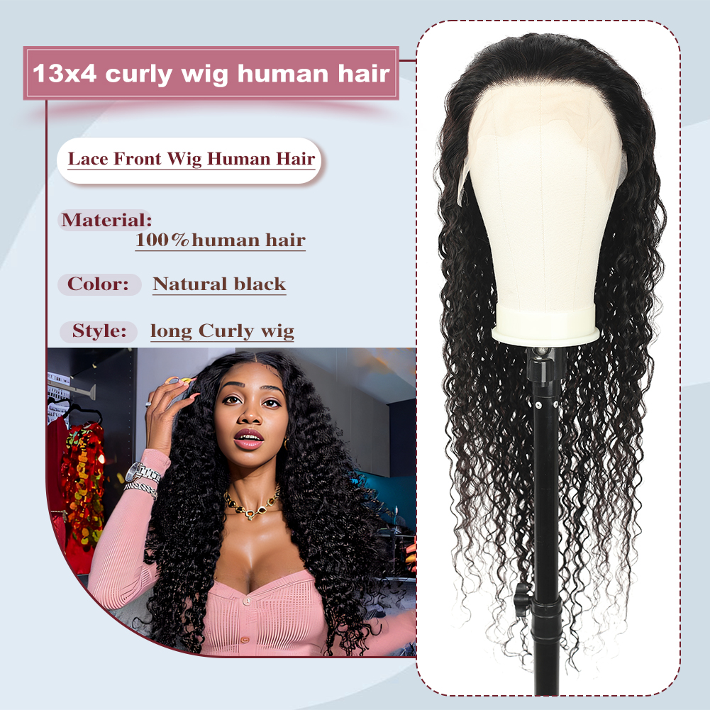 Wholesale & Custom 13×4 Lace Front Long Curly Wig 100% Human Hair Natural Black Deep Wave Wigs