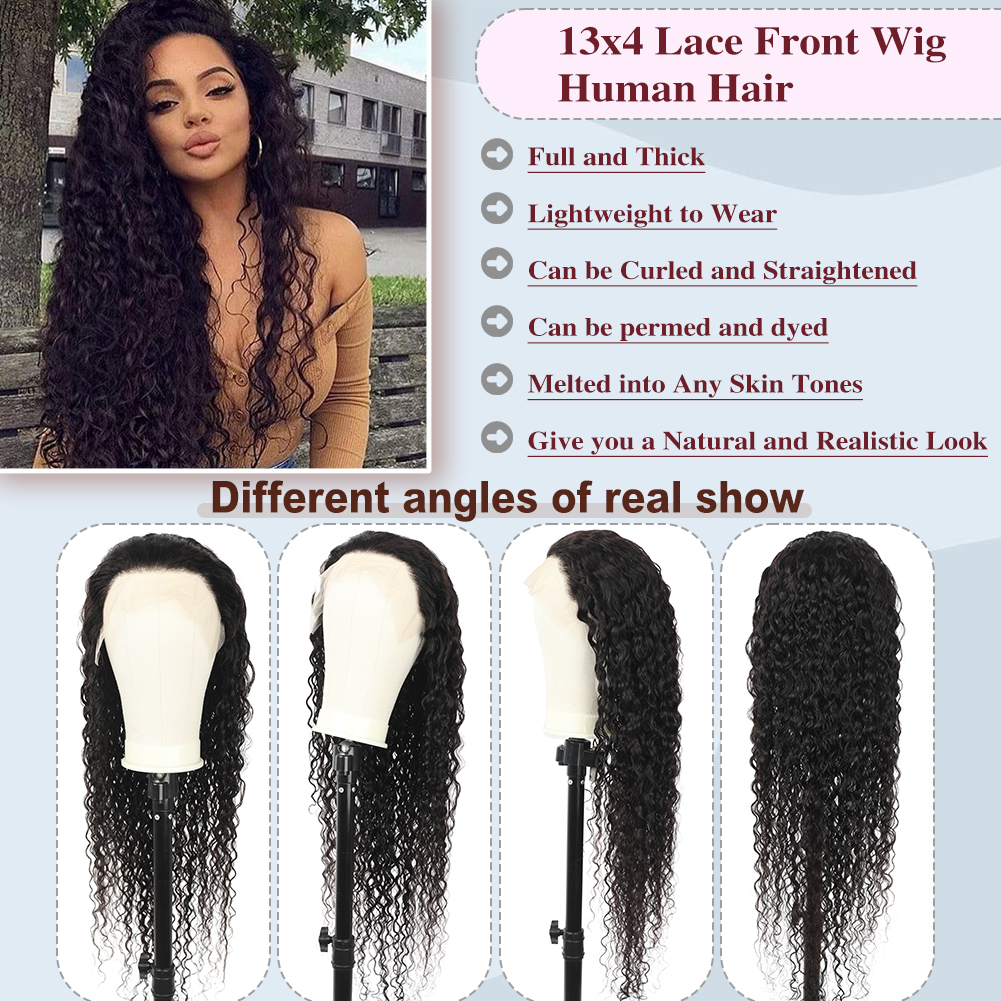 Wholesale & Custom 13×4 Lace Front Long Curly Wig 100% Human Hair Natural Black Deep Wave Wigs