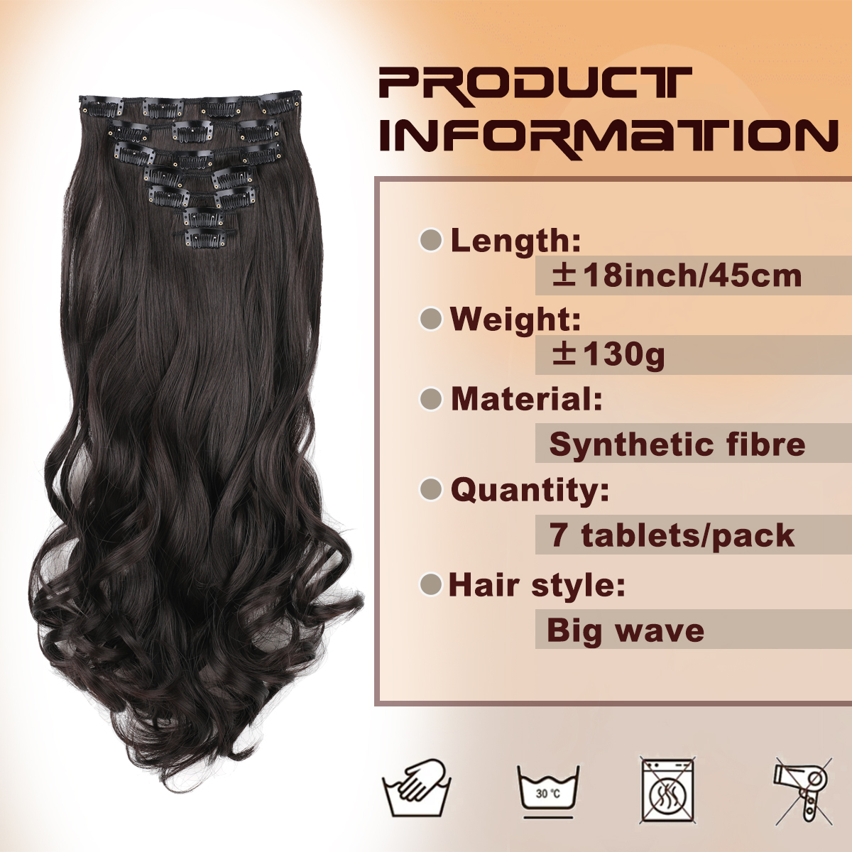 Wholesale & Custom 7PCS Wave Clip in Hair Extensions, Synthetic Wavy Clip-on Hair with Stainless Steel Snap Clips