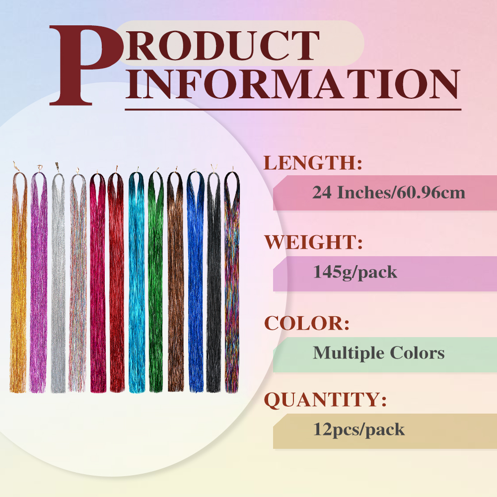Wholesale & Custom 12-Color Hair Tinsel Kit, 24 Inch Shiny Glitter Hair Extensions with Installation Tools