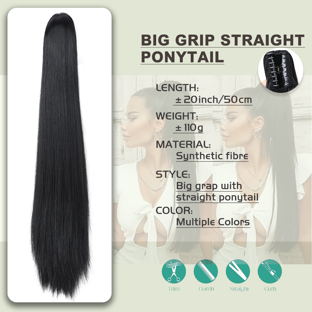 Wholesale & Custom 20 Inch Straight Claw Clip Ponytail, 16-Tooth Gripper Synthetic Long Ponytail Extension