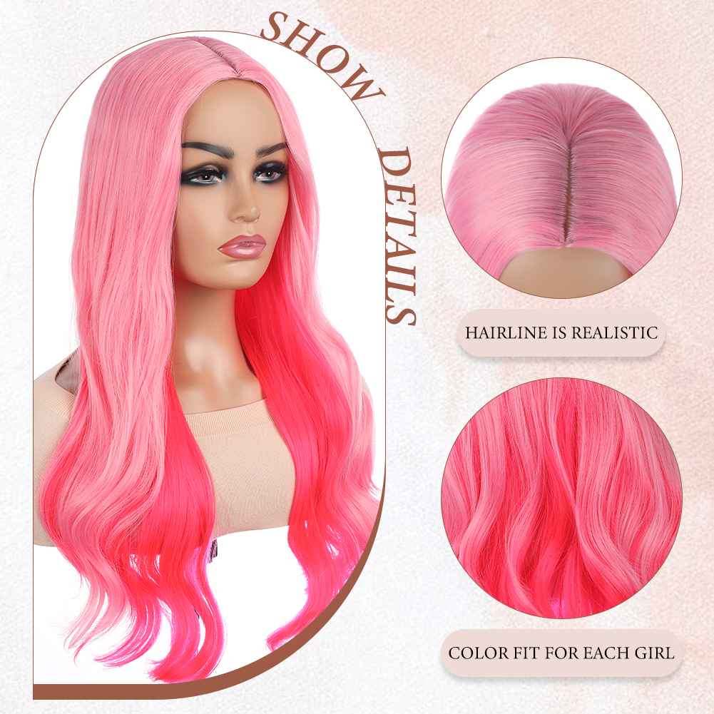 Wholesale & Custom 26 Inch Ombre Pink Wavy Wig, Synthetic Long Curly Wig with Realistic Parting & Adjustable Cap