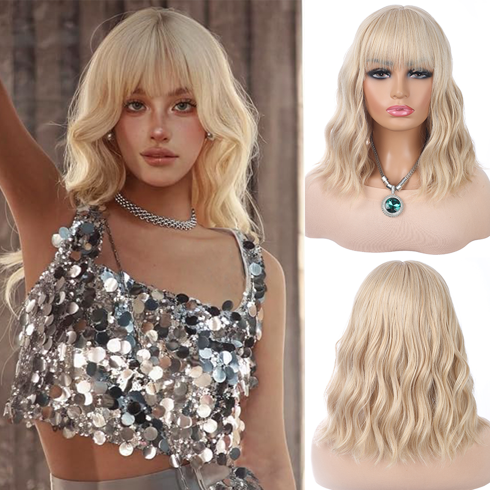Wholesale & Custom 14 Inch Short Wavy Bob Wig with Bangs, Blonde Synthetic Curly Bob Wig with Adjustable Breathable Cap