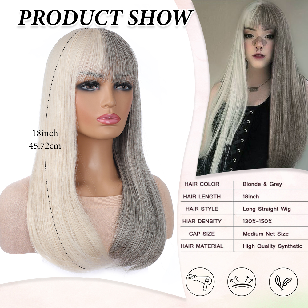 Wholesale & Custom 18 Inch Two-Tone Straight Wig with Bangs, Blonde & Grey Synthetic Long Straight Wig with Middle Part