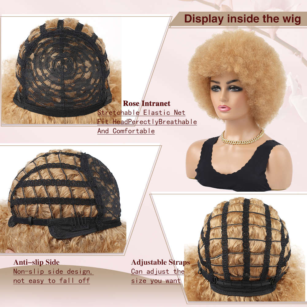 Wholesale & Custom 8 Inch Afro Kinky Curly Wig, Synthetic Short Fluffy Afro Wig with Adjustable Breathable Cap