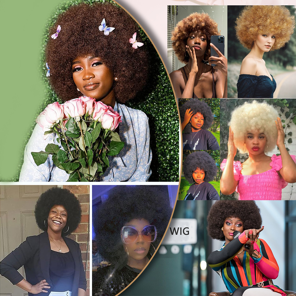 Wholesale & Custom 8 Inch Afro Kinky Curly Wig, Synthetic Short Fluffy Afro Wig with Adjustable Breathable Cap
