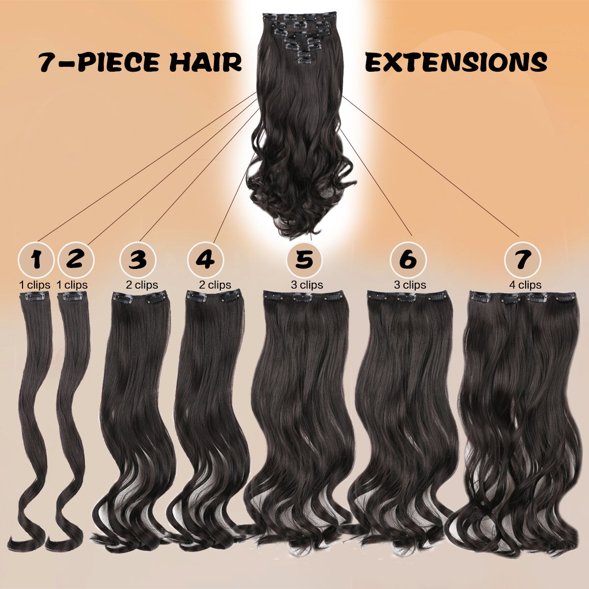 Wholesale & Custom 7PCS Wave Clip in Hair Extensions, Synthetic Wavy Clip-on Hair with Stainless Steel Snap Clips