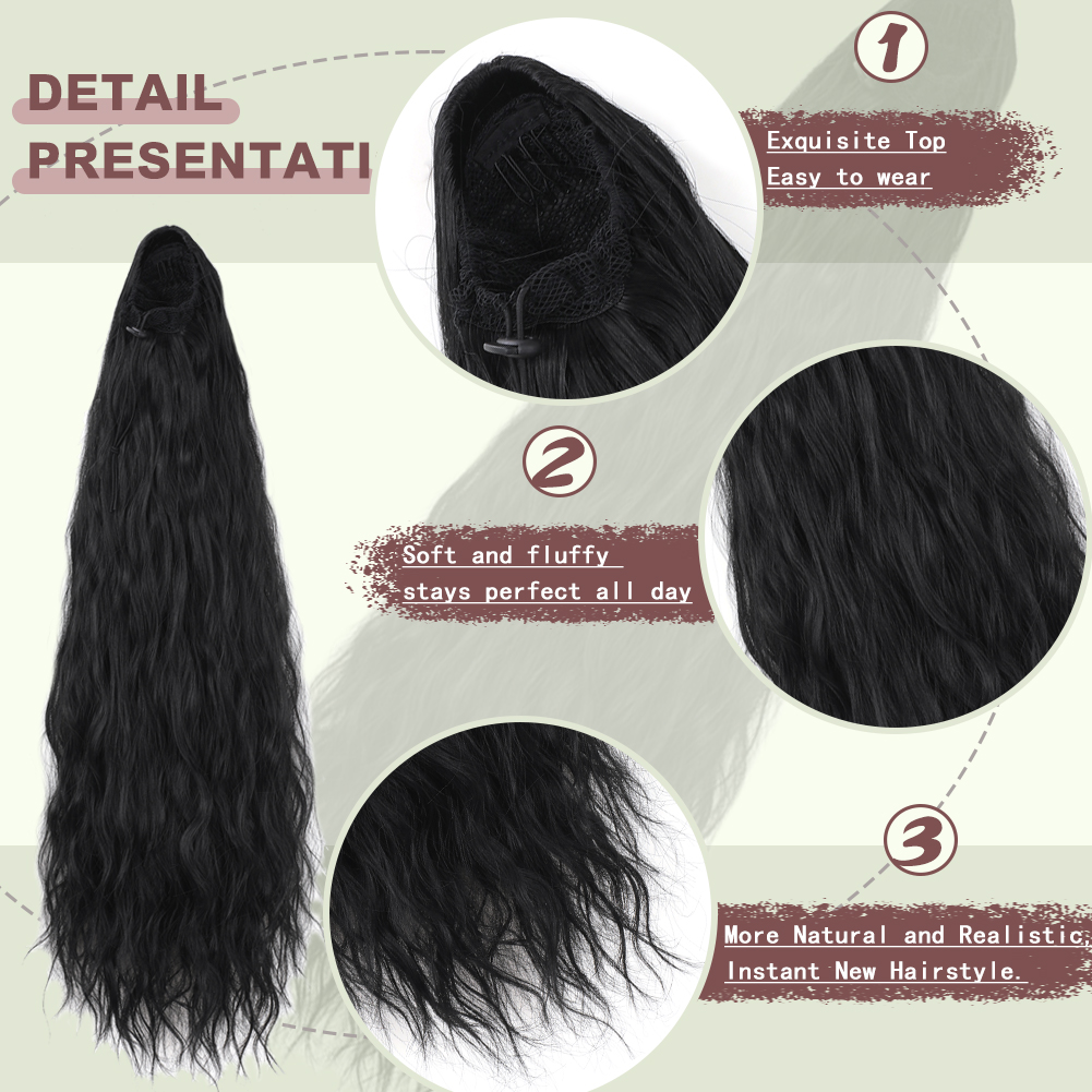 Wholesale & Custom 24 Inch Water Wave Drawstring Ponytail, Synthetic Wavy Ponytail Hair Extension