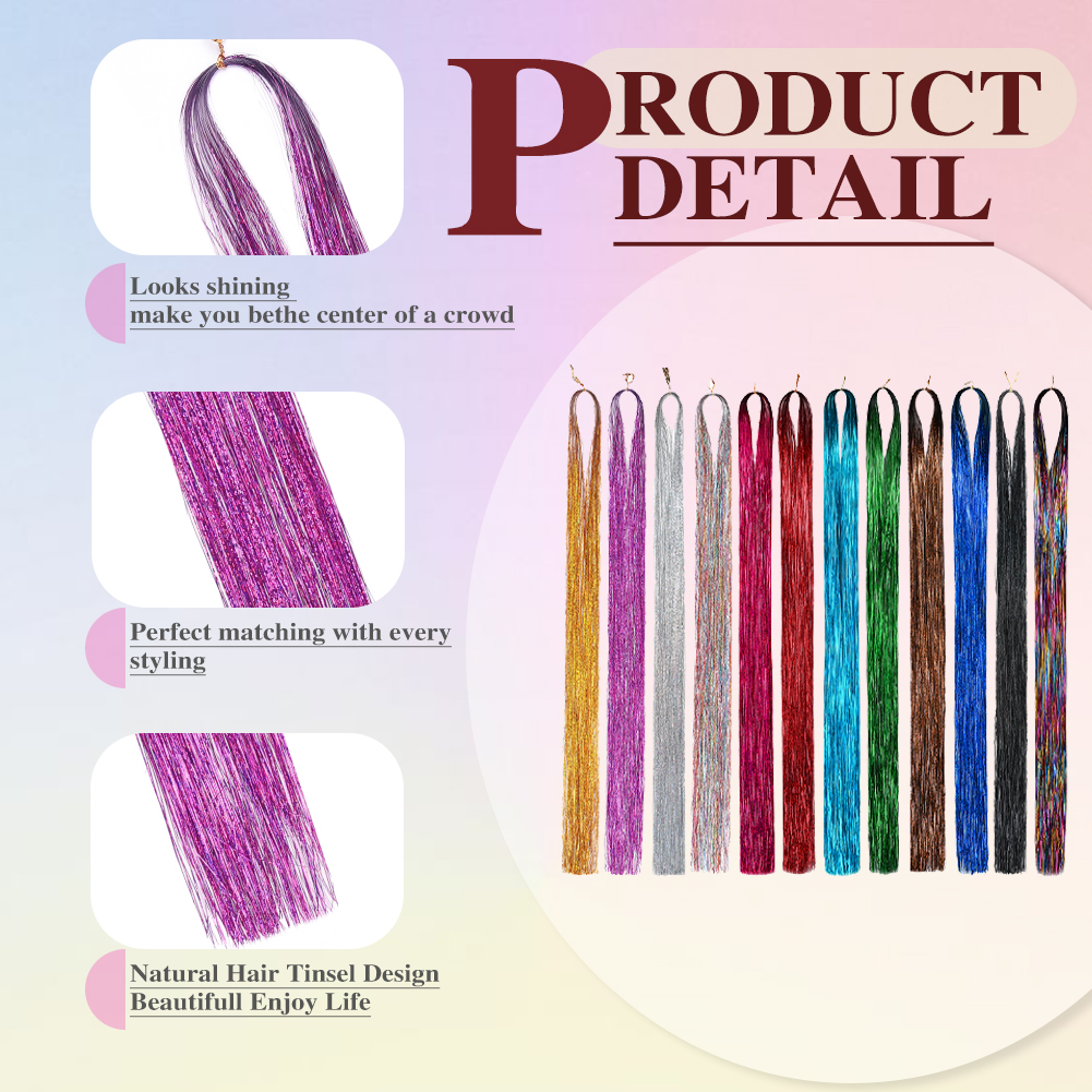 Wholesale & Custom 12-Color Hair Tinsel Kit, 24 Inch Shiny Glitter Hair Extensions with Installation Tools