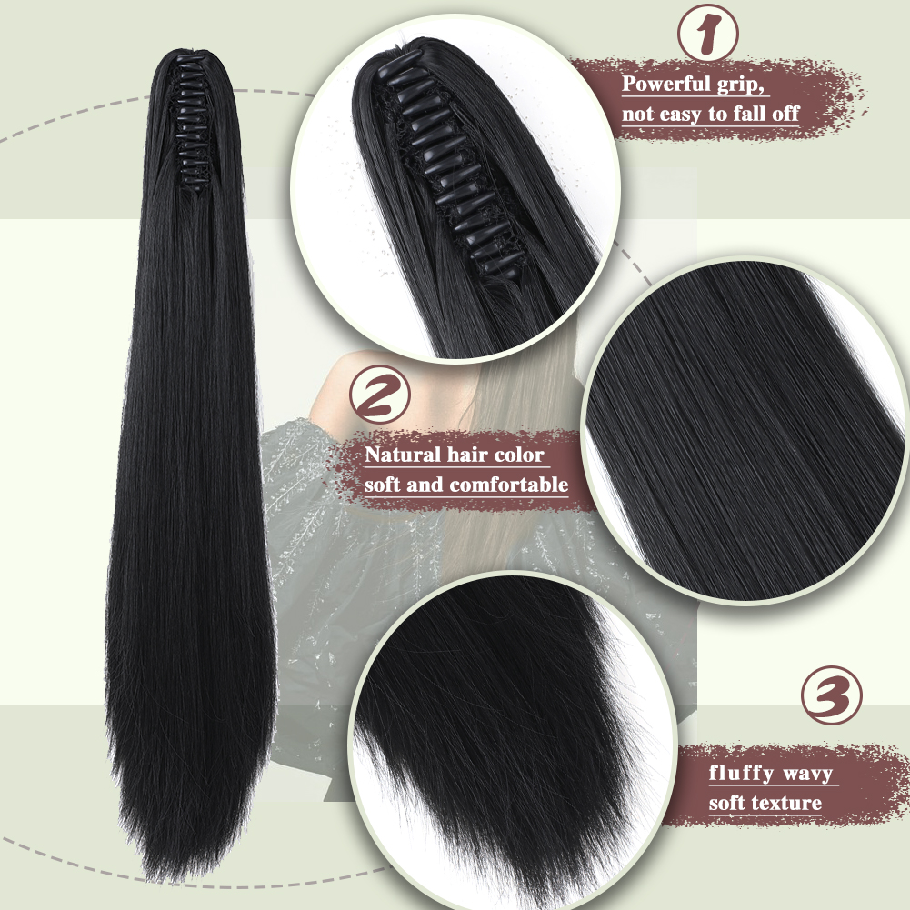 Wholesale & Custom 20 Inch Straight Claw Clip Ponytail, 16-Tooth Gripper Synthetic Long Ponytail Extension