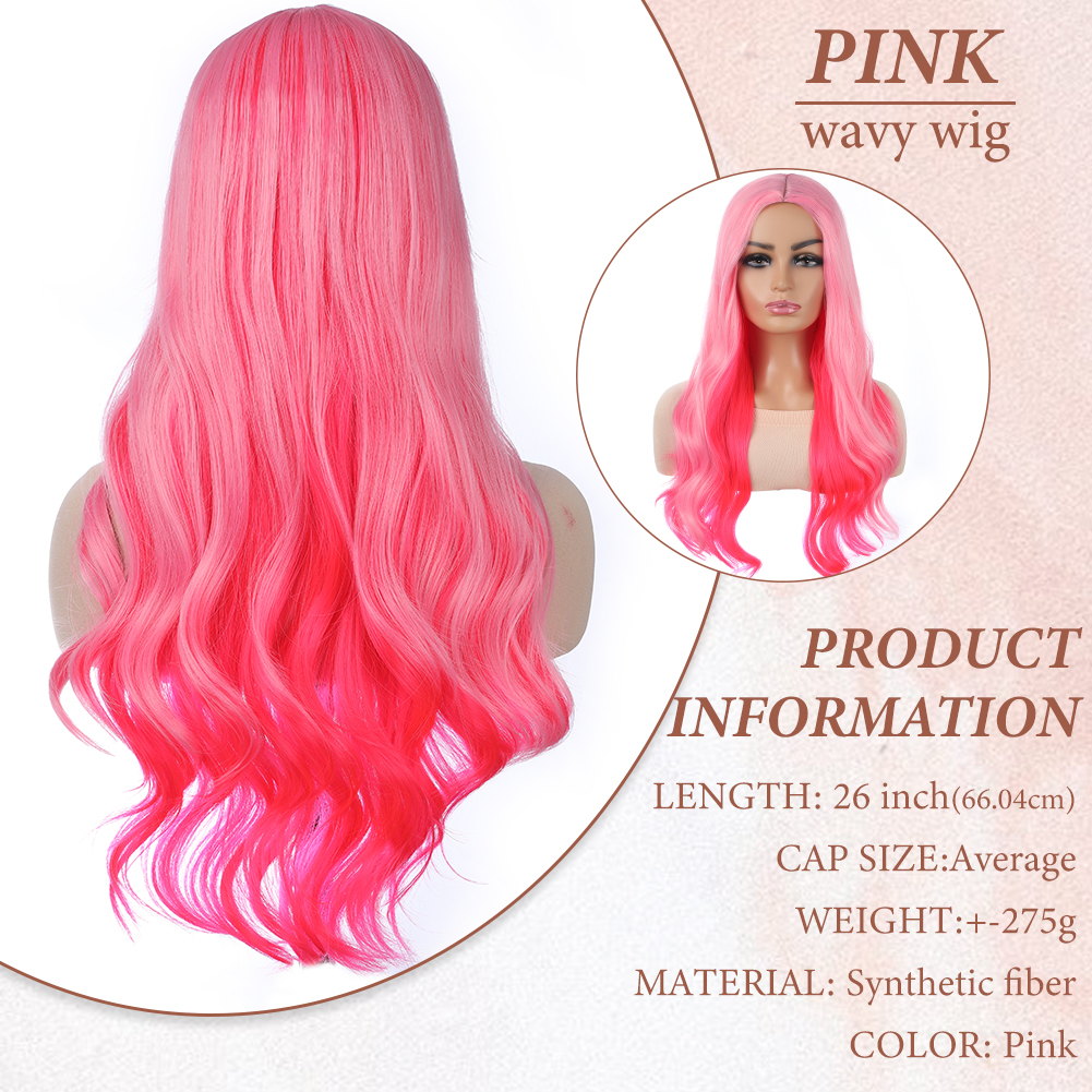 Wholesale & Custom 26 Inch Ombre Pink Wavy Wig, Synthetic Long Curly Wig with Realistic Parting & Adjustable Cap