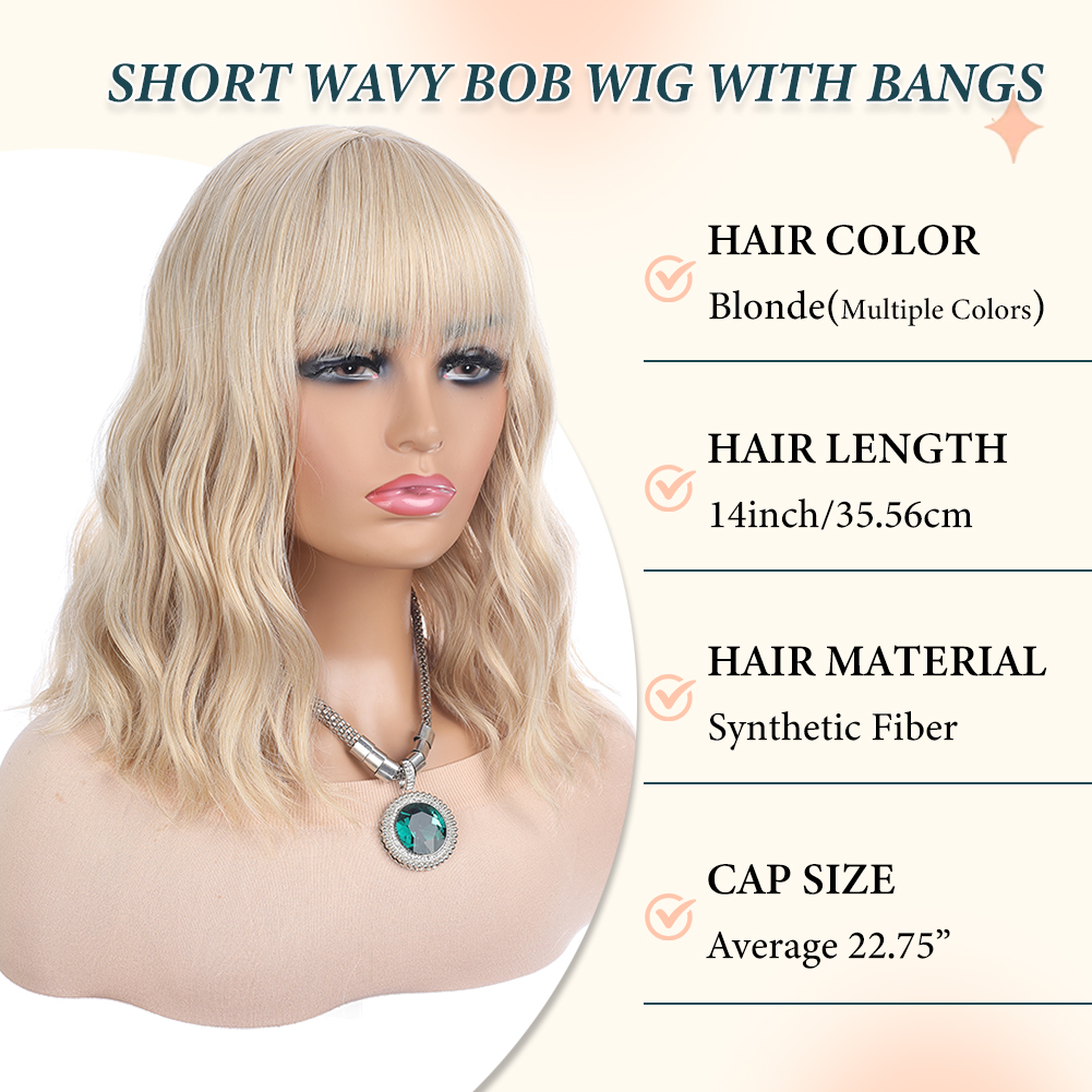 Wholesale & Custom 14 Inch Short Wavy Bob Wig with Bangs, Blonde Synthetic Curly Bob Wig with Adjustable Breathable Cap